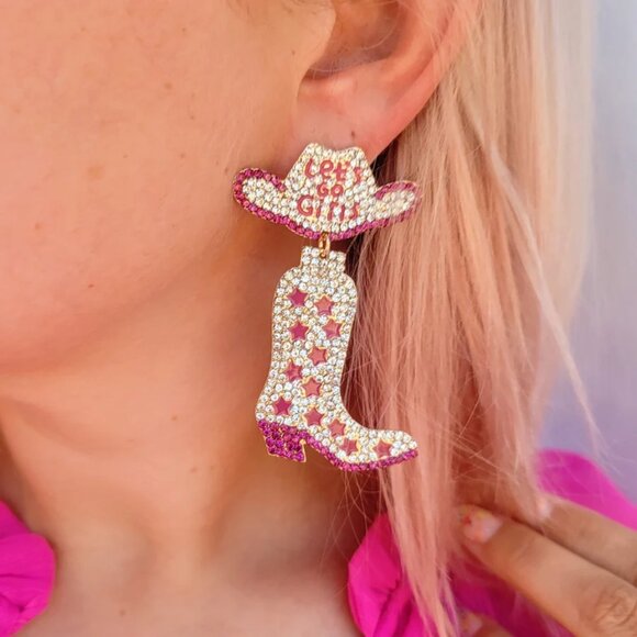 Western "Let's Go Girls" Rhinestone Earrings (Red & Gold, Cowboy, Bachelorette) - Picture 1 of 8